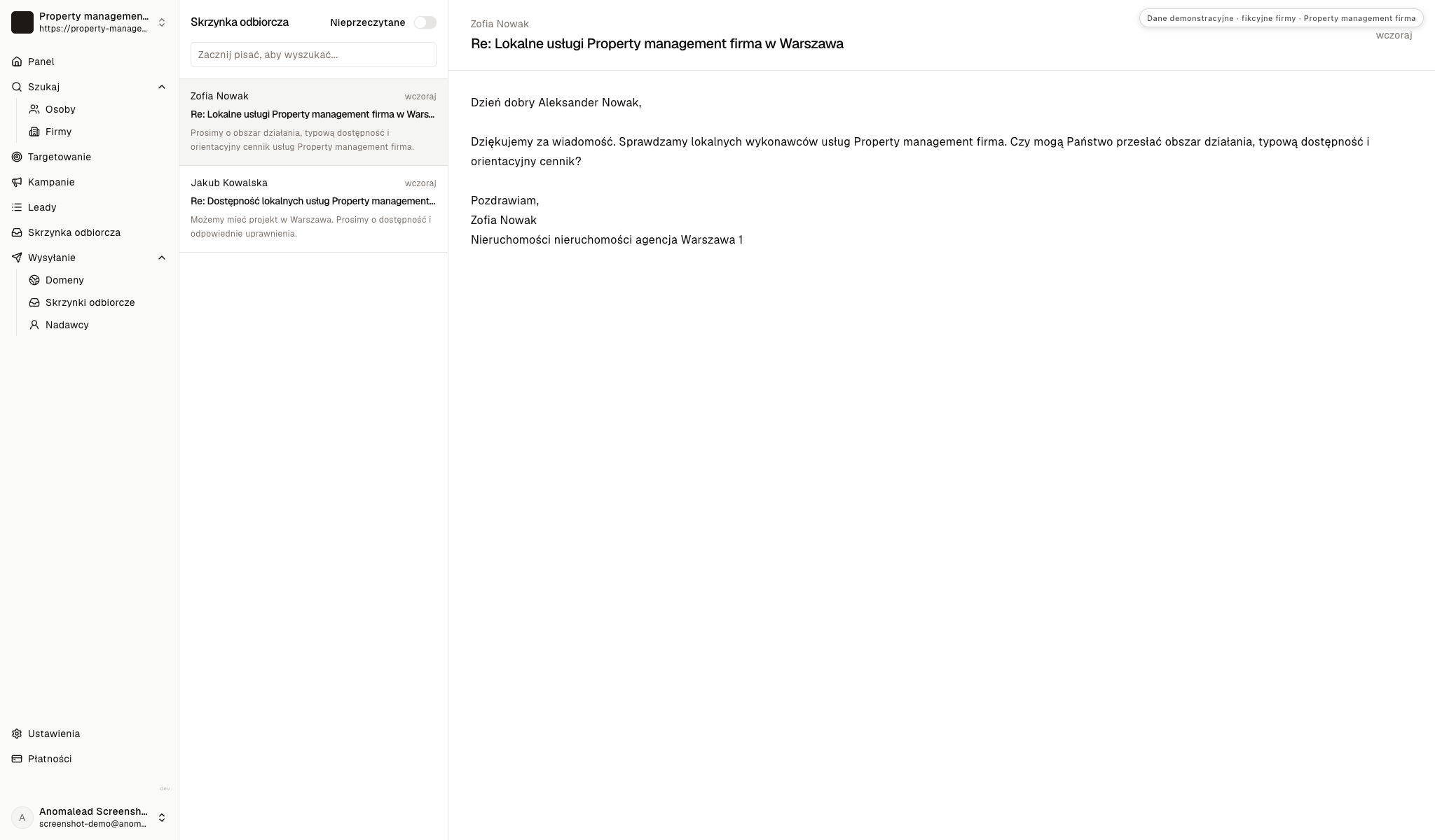 Skrzynka zawiera dwie fikcyjne wiadomości od agencji, z jedną odpowiedzią otwartą.