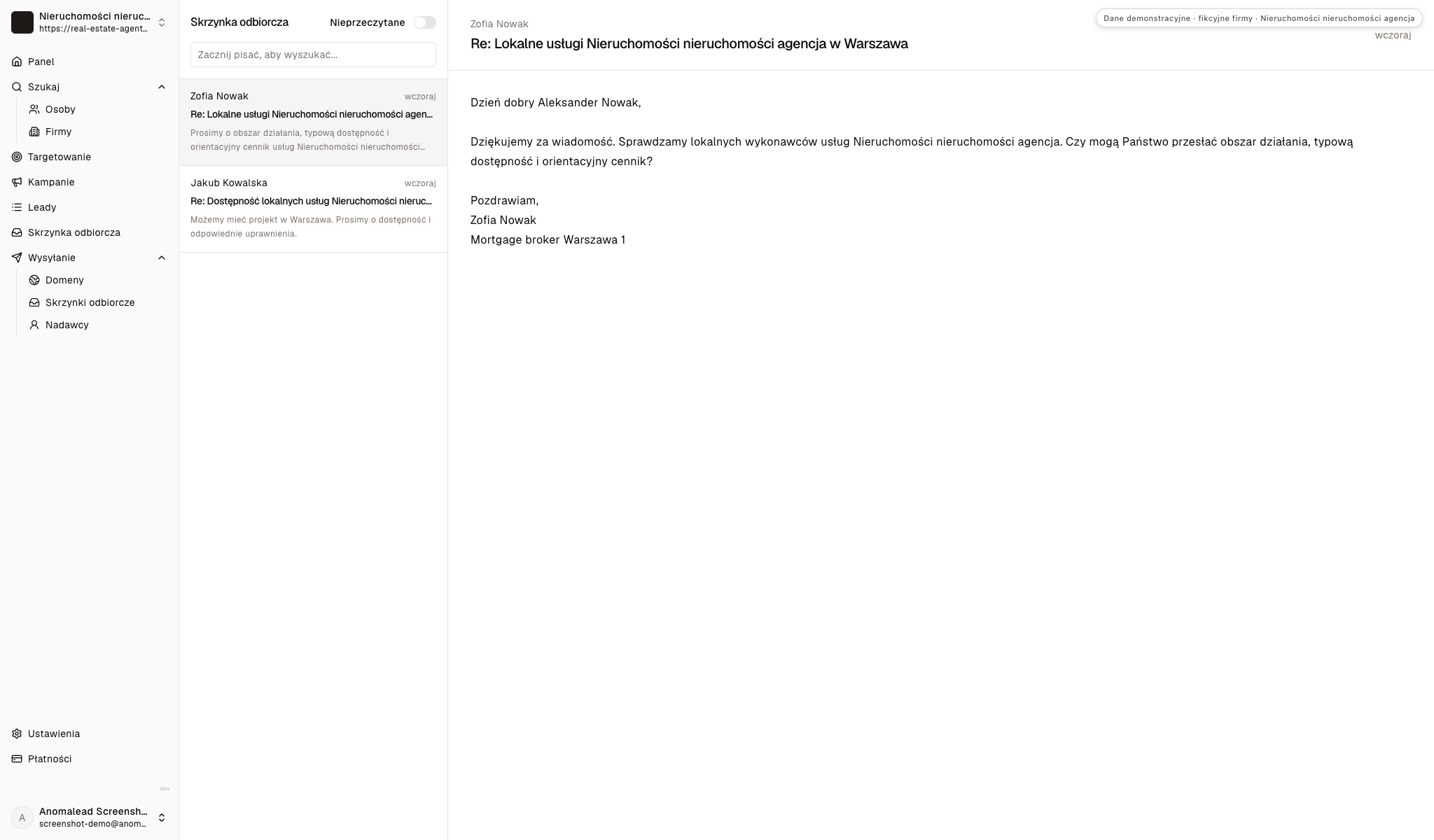 Demo skrzynka z odpowiedziami Zofii Nowak i Jakuba Kowalskiego o obszarze, dostępności i kwalifikacjach.