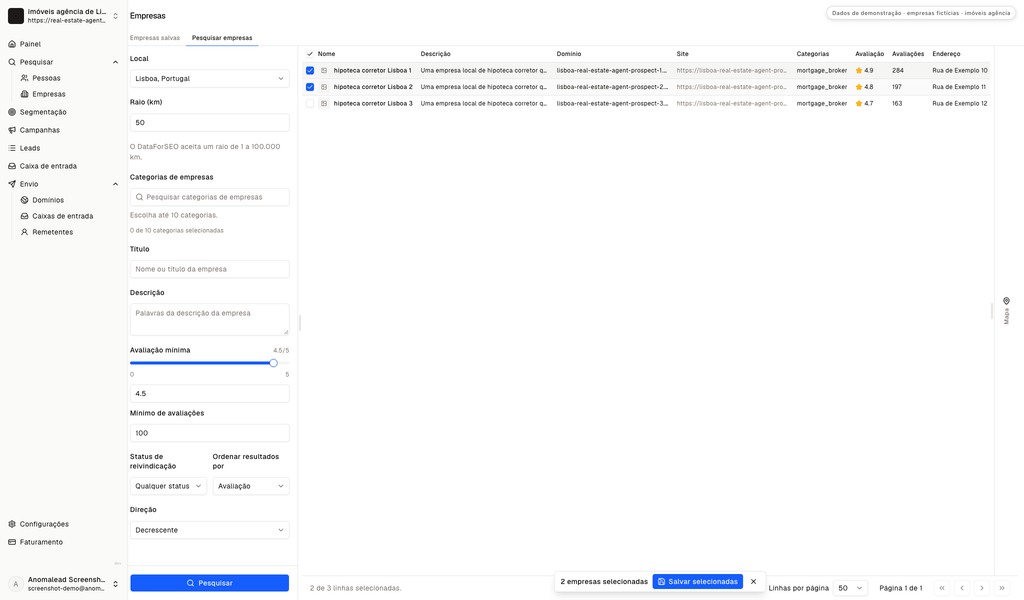 Dois resultados de intermediários de crédito selecionados entre três linhas de demonstração antes de serem guardados.