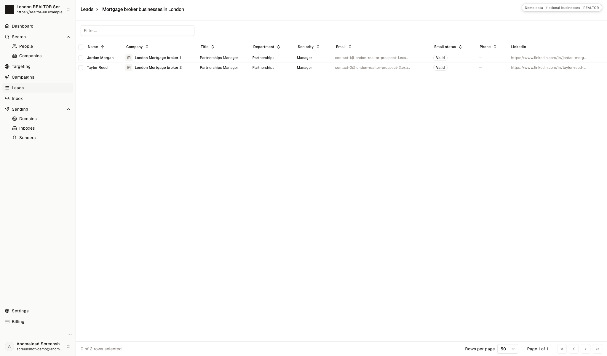 Curated contact list showing two fictional mortgage broker contacts and their email status.