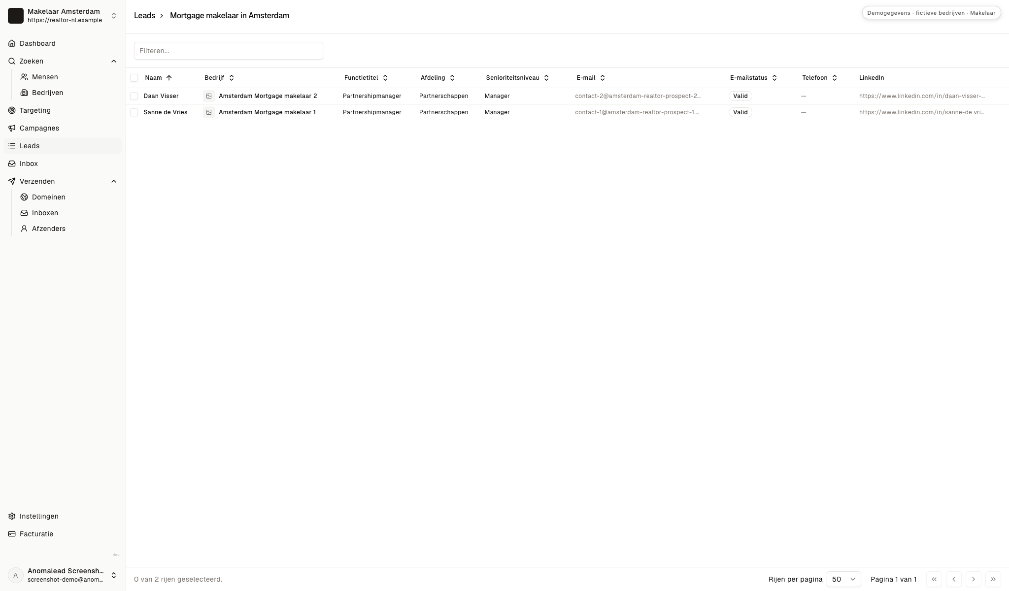 Prospectlijst met Sanne de Vries en Daan Visser bij fictieve hypotheekadvieskantoren en hun e-mailstatus.