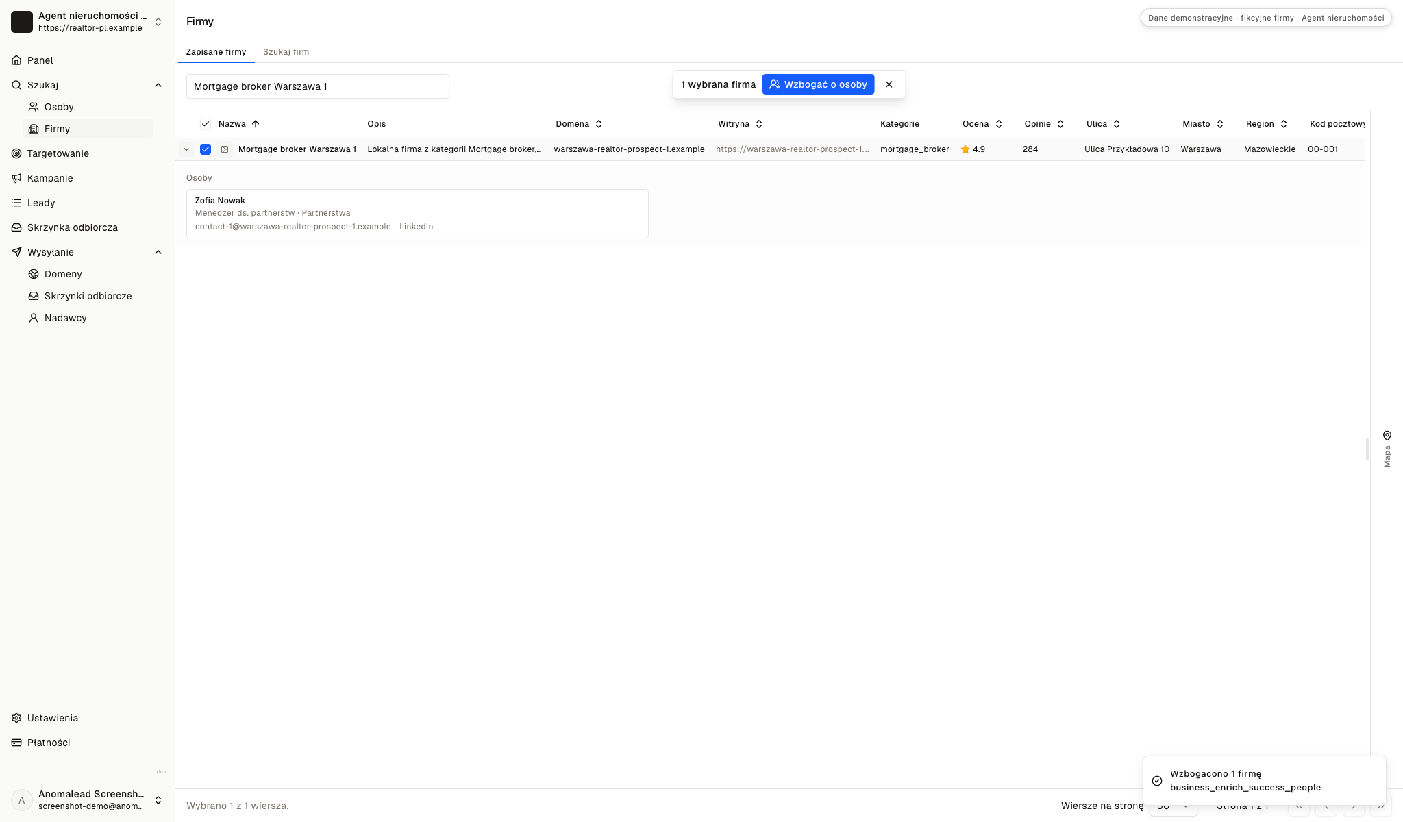 Kontakty Zofia Nowak i Jakub Kowalska przypisane do fikcyjnych brokerów kredytowych.