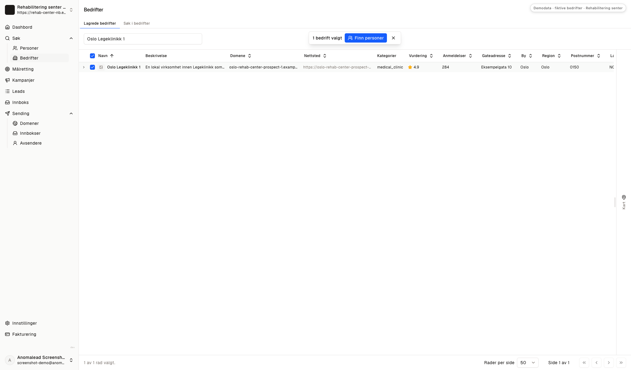 Visning av lagrede virksomheter med Oslo Legeklinikk 1 valgt og knappen Enrich people over listen.