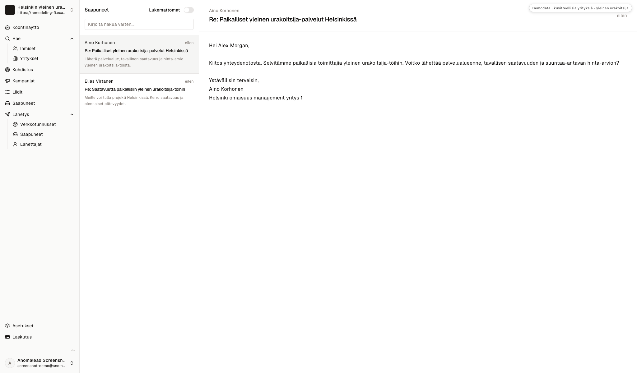 Demosaapuneet sisältävät kaksi kuvitteellista isännöitsijän vastausta palveluista ja mahdollisesta remontista.