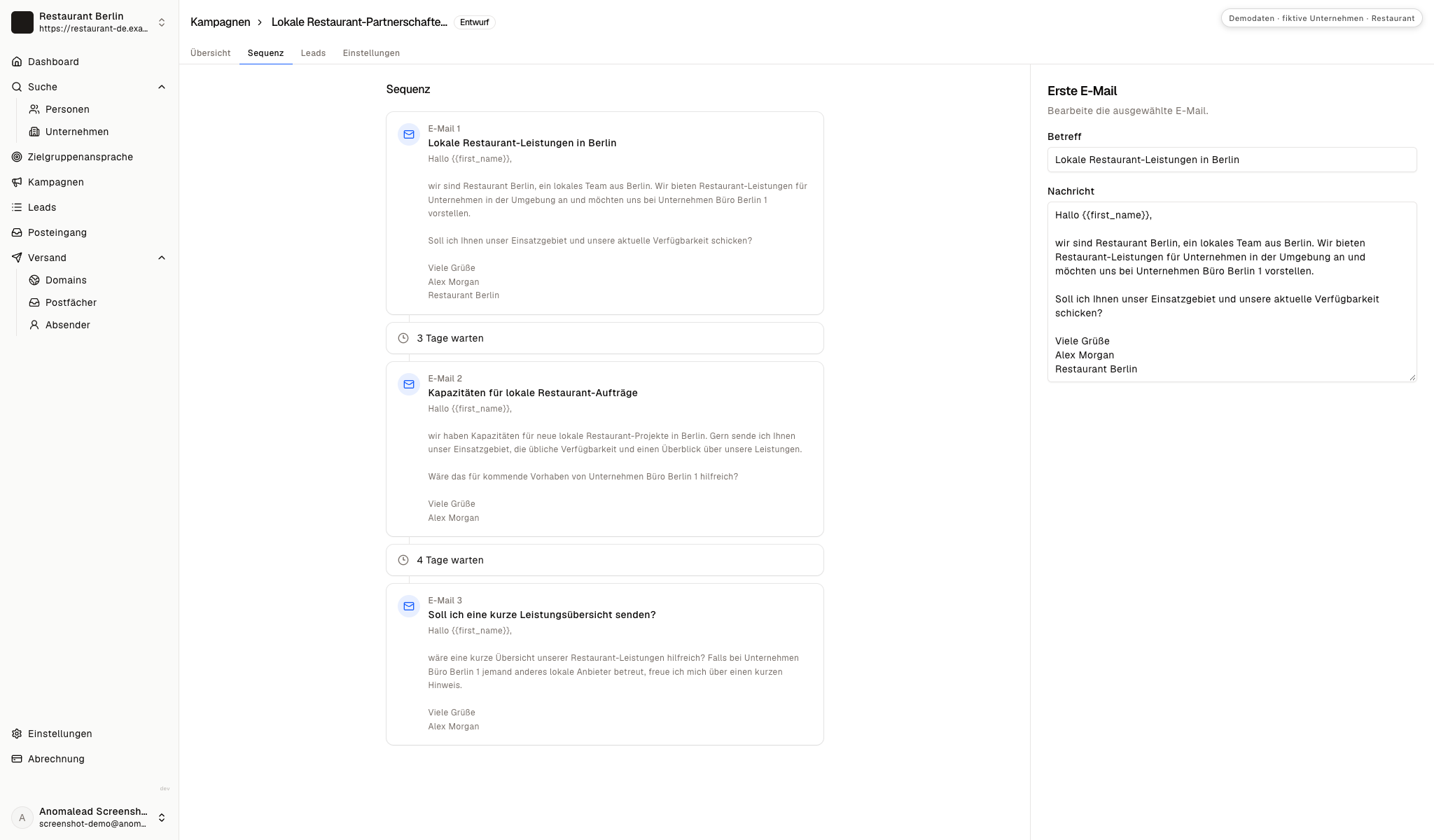 Sequenzeditor mit drei Restaurant-E-Mails, getrennt durch Wartezeiten von drei und vier Tagen, die erste Nachricht ist zur Bearbeitung geöffnet.