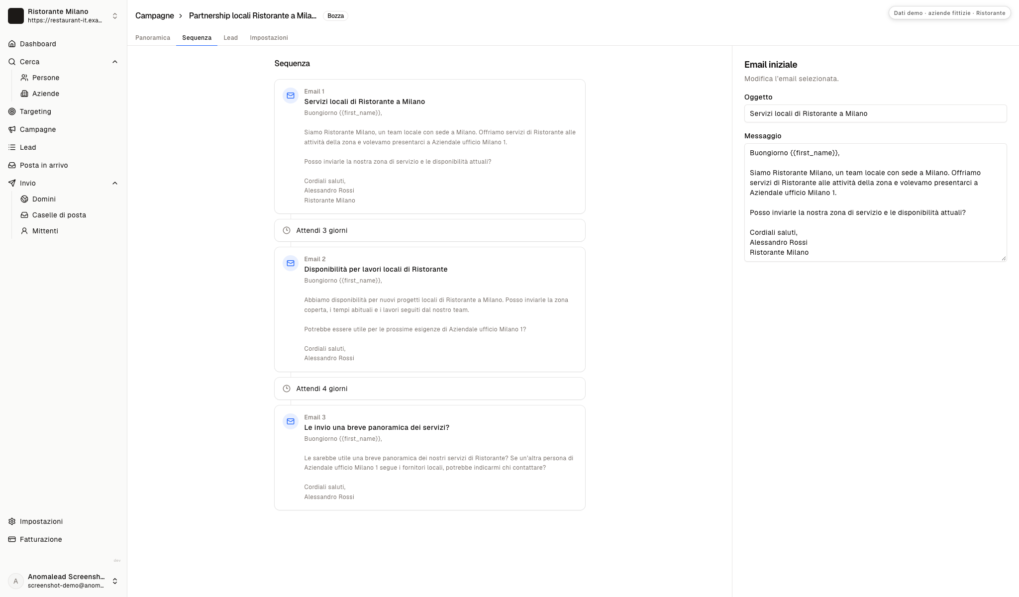 Editor della sequenza con tre email del ristorante separate da attese di tre e quattro giorni, con la prima email aperta per la modifica.