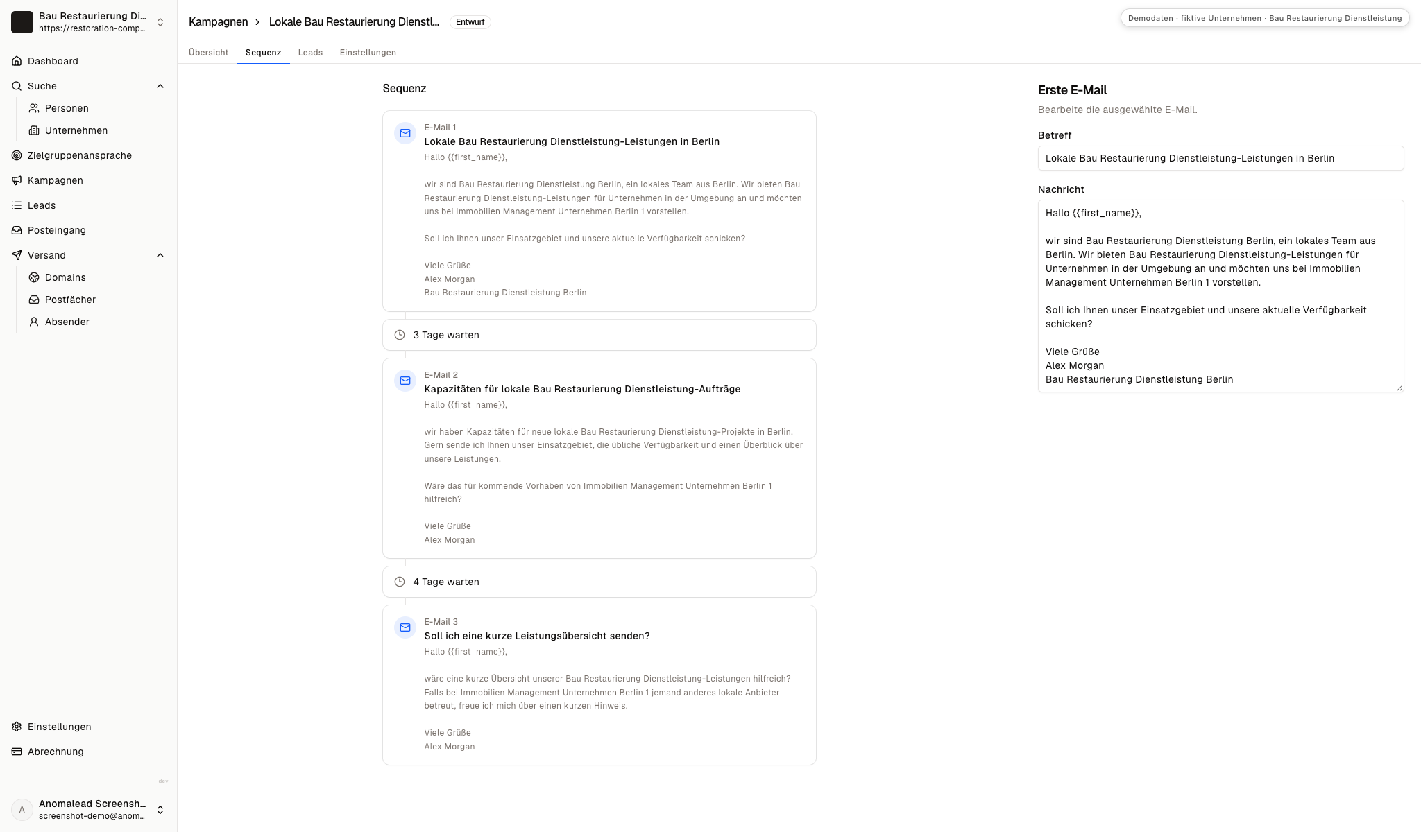 Dreiteilige E-Mail-Sequenz für Sanierungsleistungen mit zwei Wartephasen und geöffneter erster Nachricht.