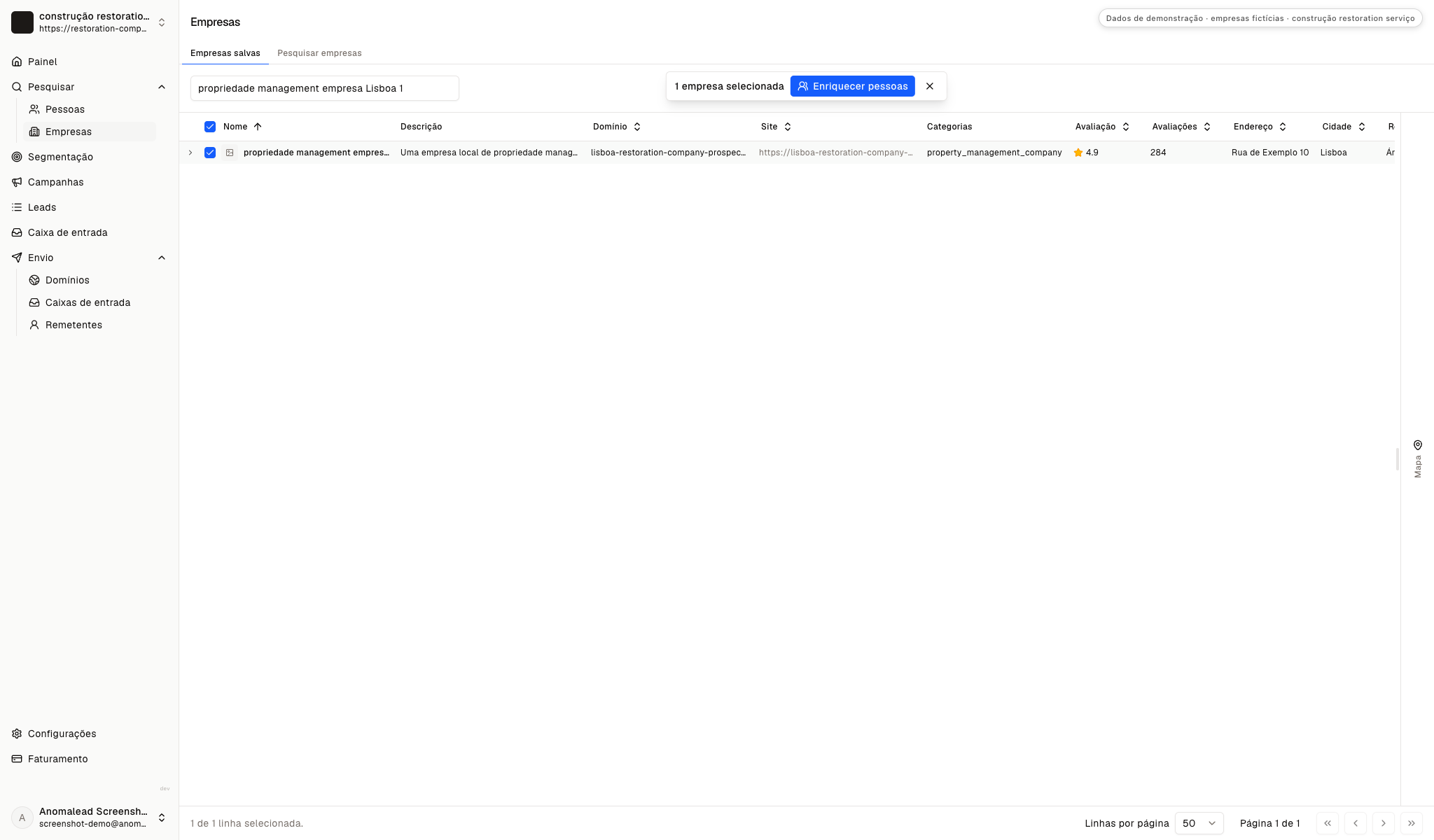 Lista de empresas guardadas com propriedade management empresa Lisboa 1 selecionada e ação para encontrar pessoas na organização.