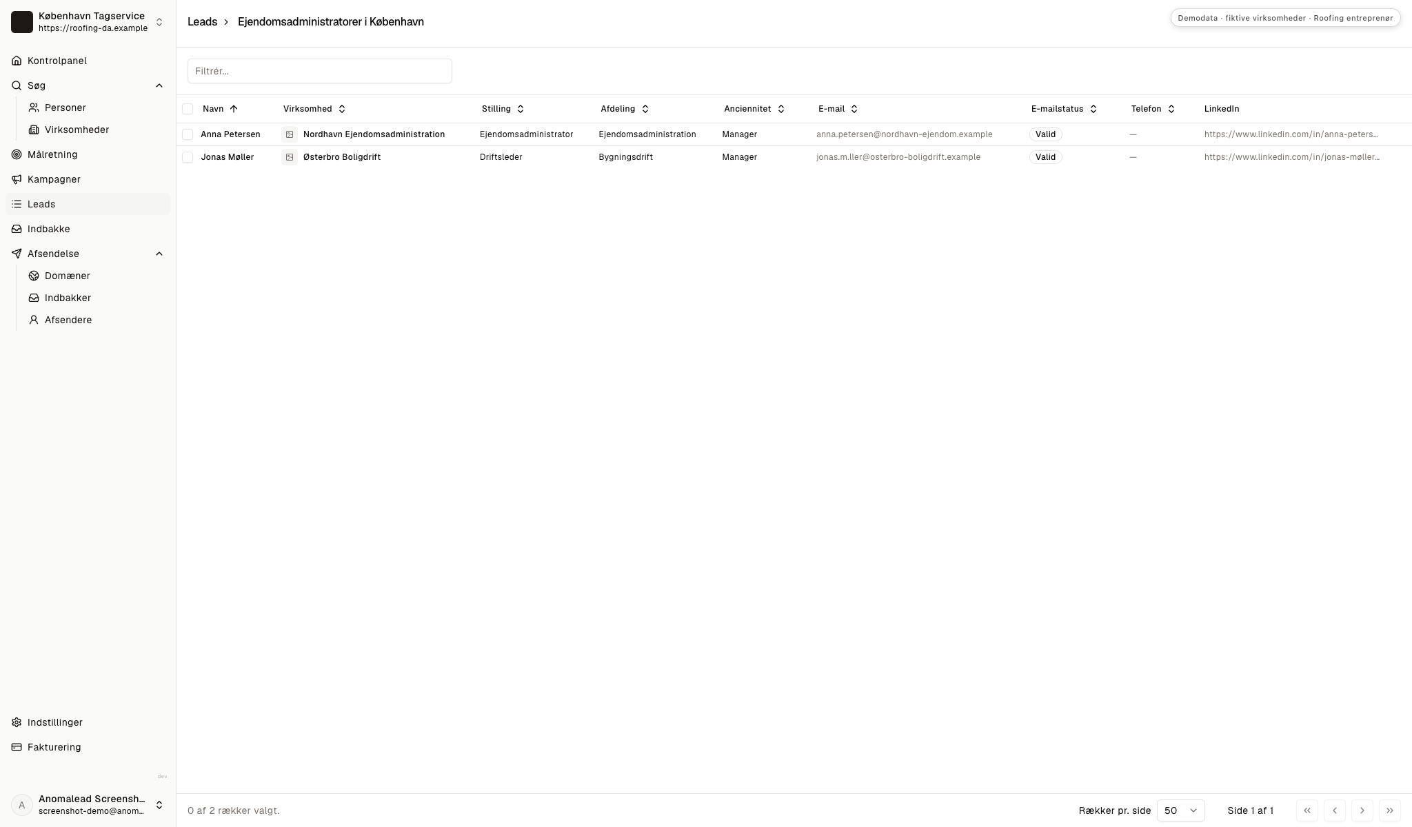 En kurateret leadliste indeholder Anna Petersen og Jonas Møller med deres virksomheder og kontaktstatus synlig.