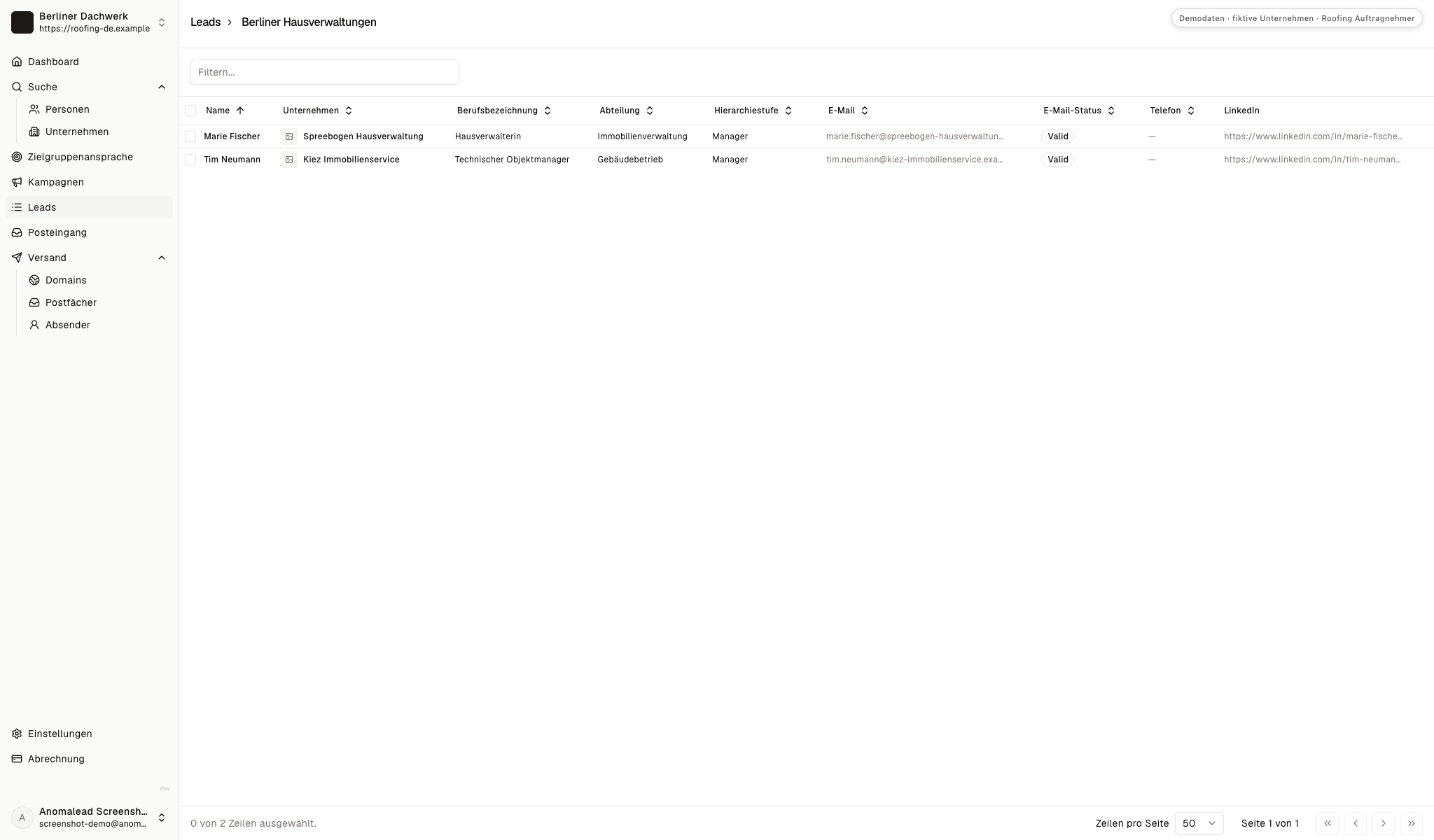 Die Kontaktliste enthält Marie Fischer und Tim Neumann mit Unternehmen und sichtbarem E-Mail-Status.