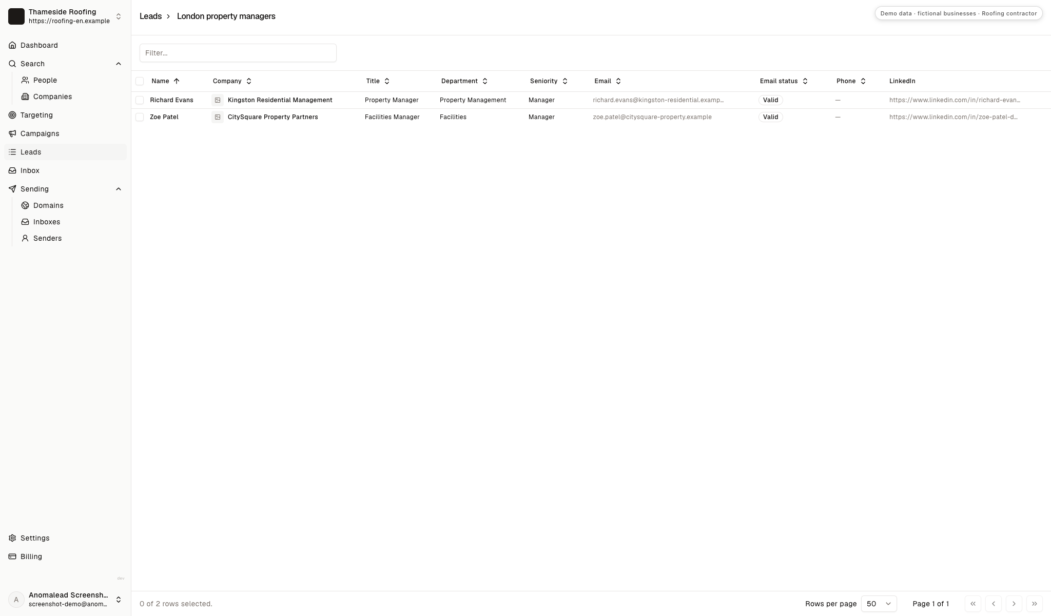 A curated lead list contains Richard Evans and Zoe Patel, with their company and contact status visible.