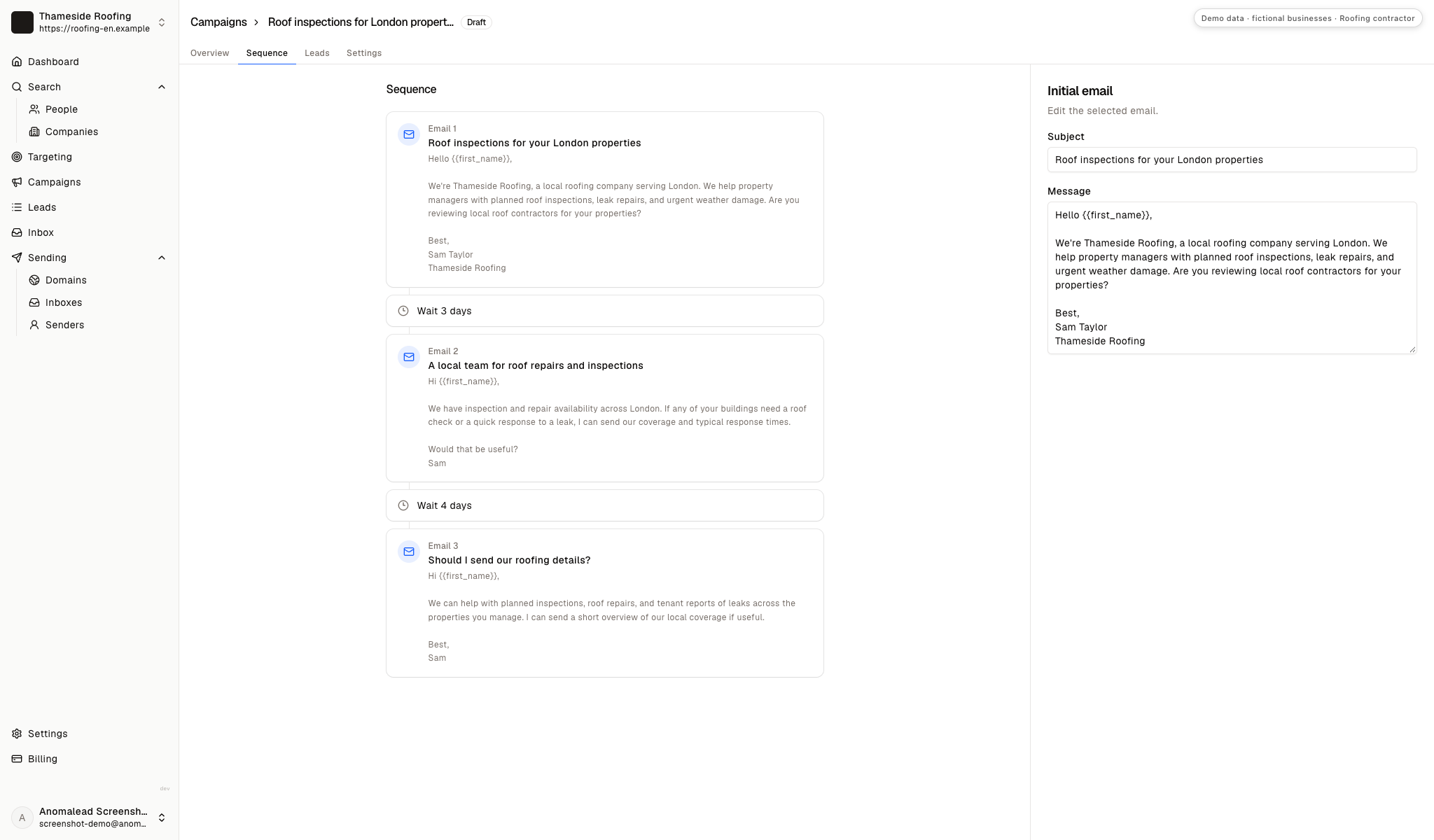 A three-email roofing sequence is open for review, with two wait steps shown between messages.