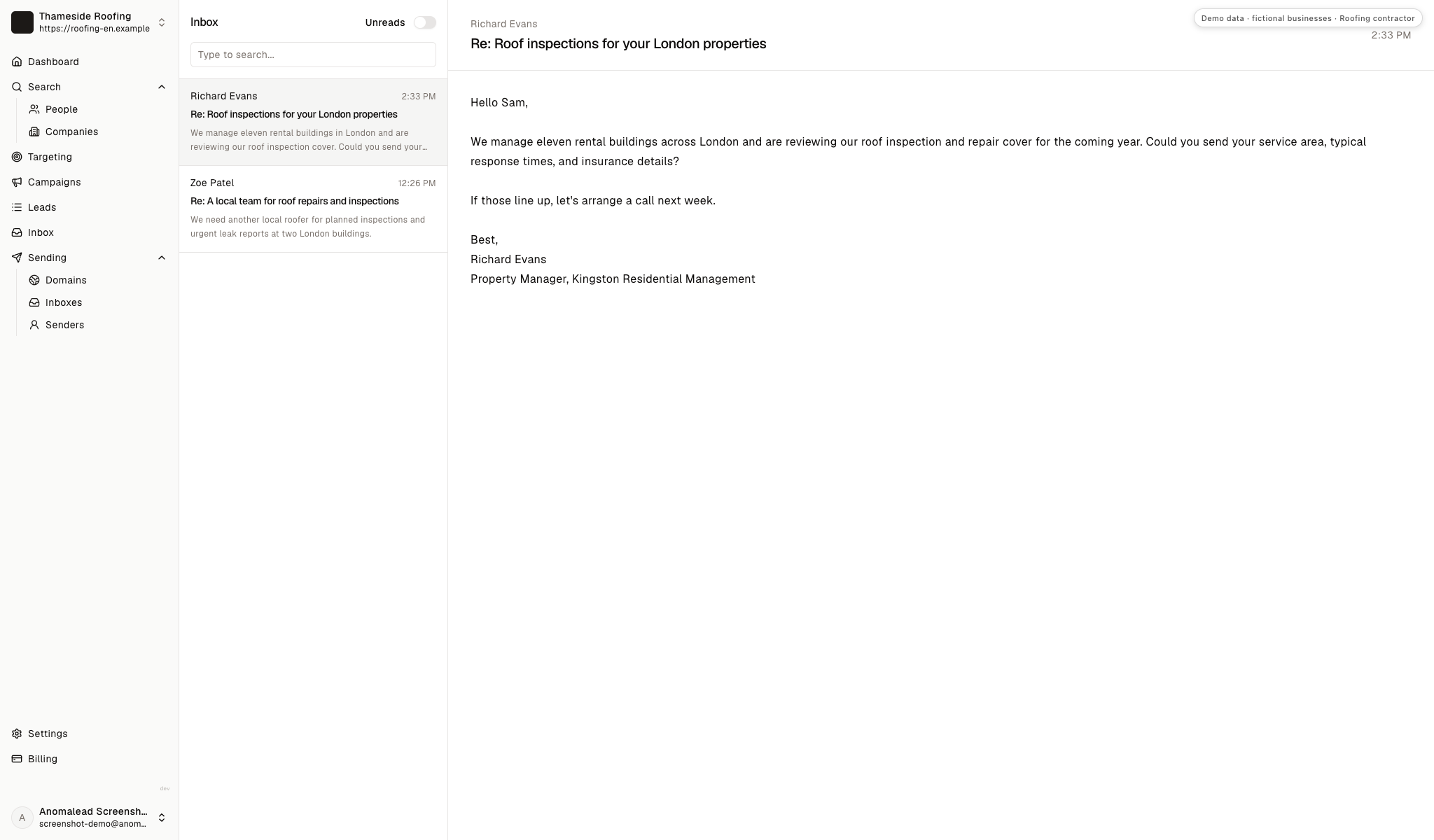 The inbox contains two fictional replies, including questions from Richard Evans and Zoe Patel about roofing coverage.