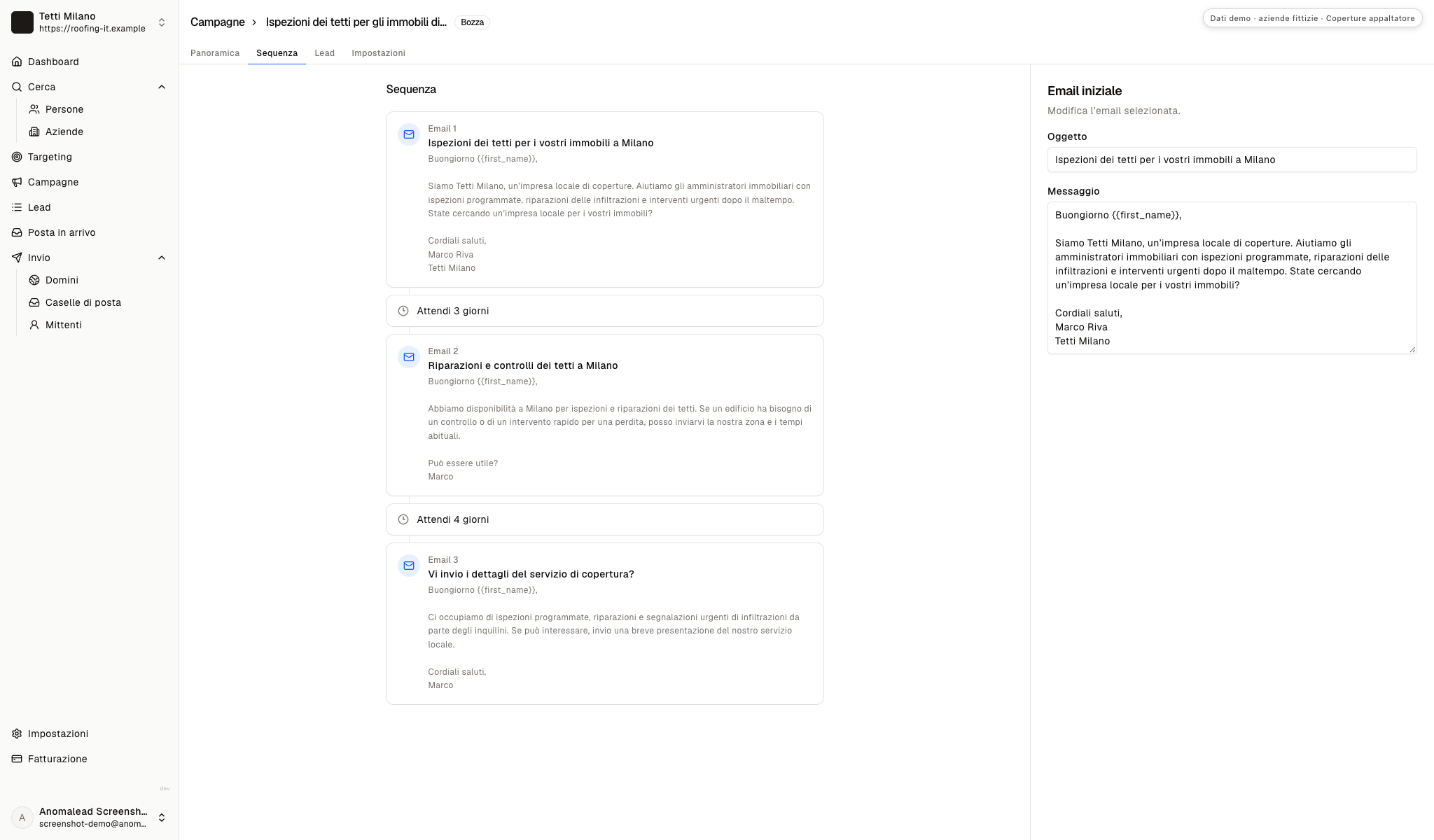 L'editor mostra una sequenza di tre email commerciali per coperture, con due attese tra i messaggi.