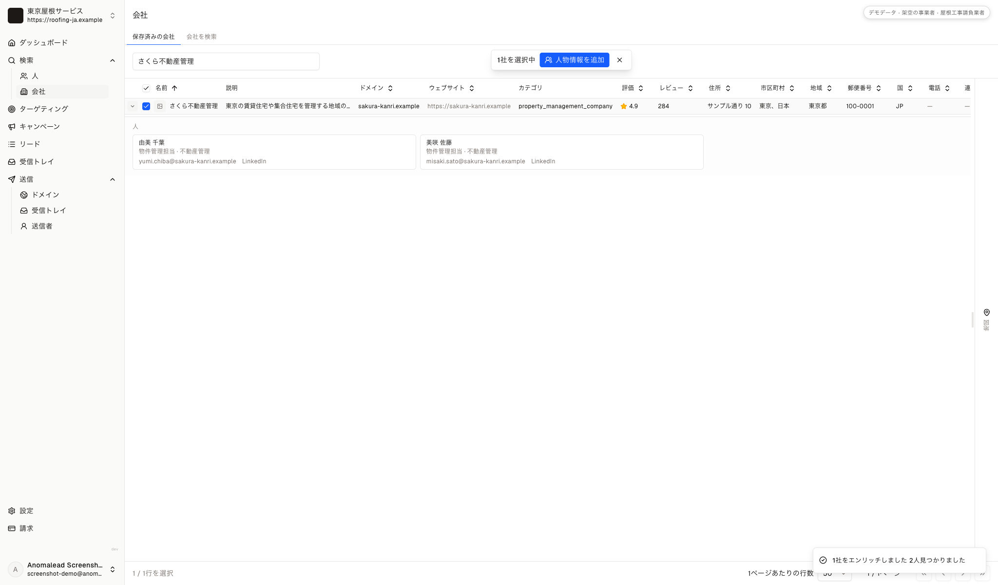 さくら不動産管理の担当者情報として、由美 千葉と大輔 高橋の二人が業務連絡先とともに表示されています。