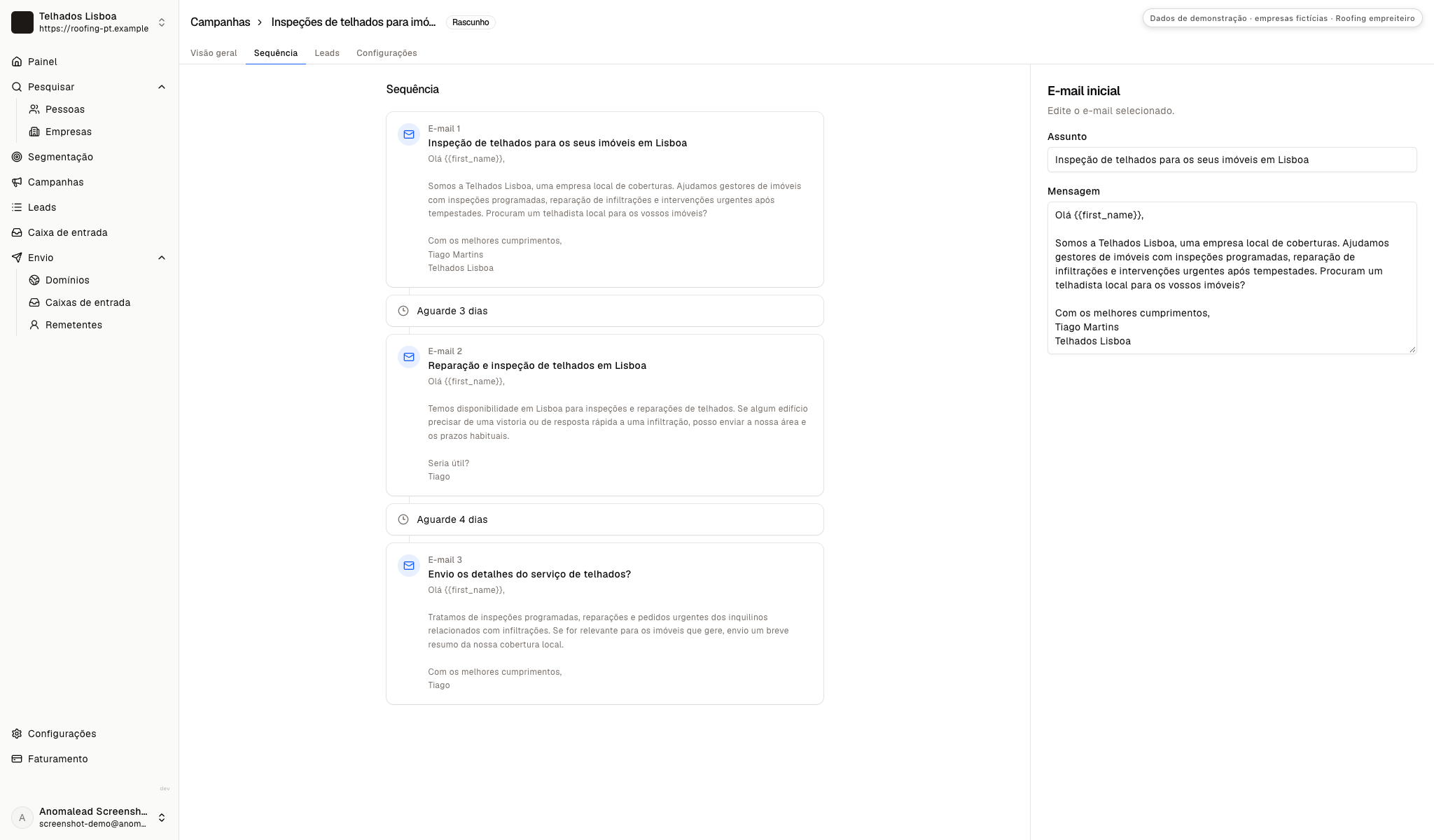 Uma sequência de três e-mails sobre coberturas está aberta para revisão, com duas esperas entre mensagens.