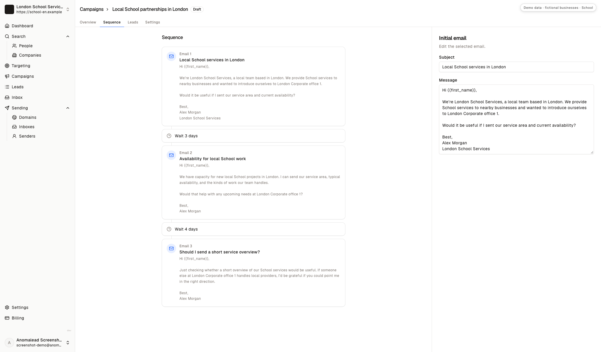 Sequence editor showing three outreach emails separated by a three-day wait and a four-day wait, with the first subject line visible.