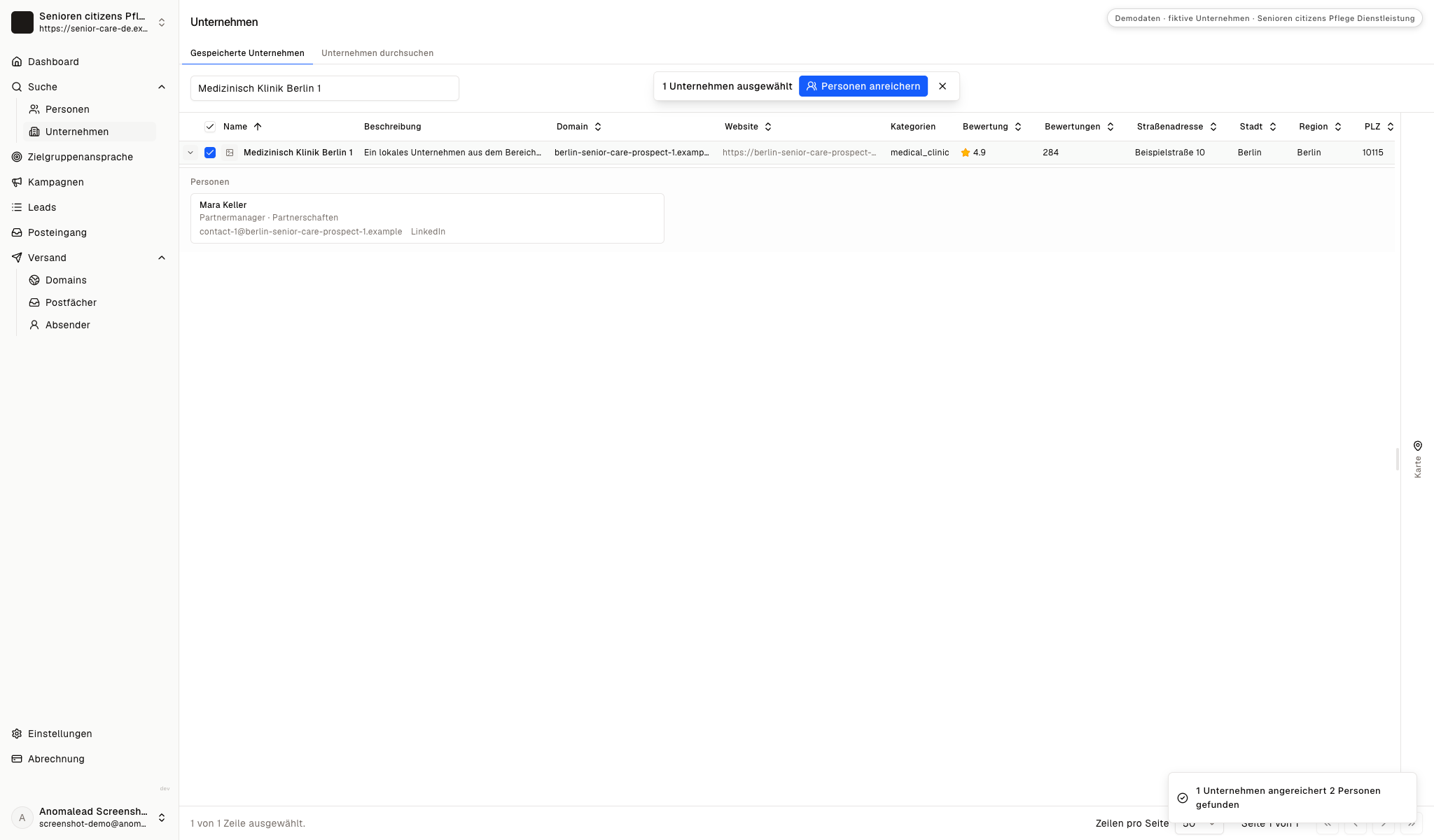 Ergebnis der Kontaktanreicherung mit Mara Keller und Jonas Fischer, jeweils mit der Position Partnermanager, einer Abteilung und einer beruflichen E-Mail-Adresse.