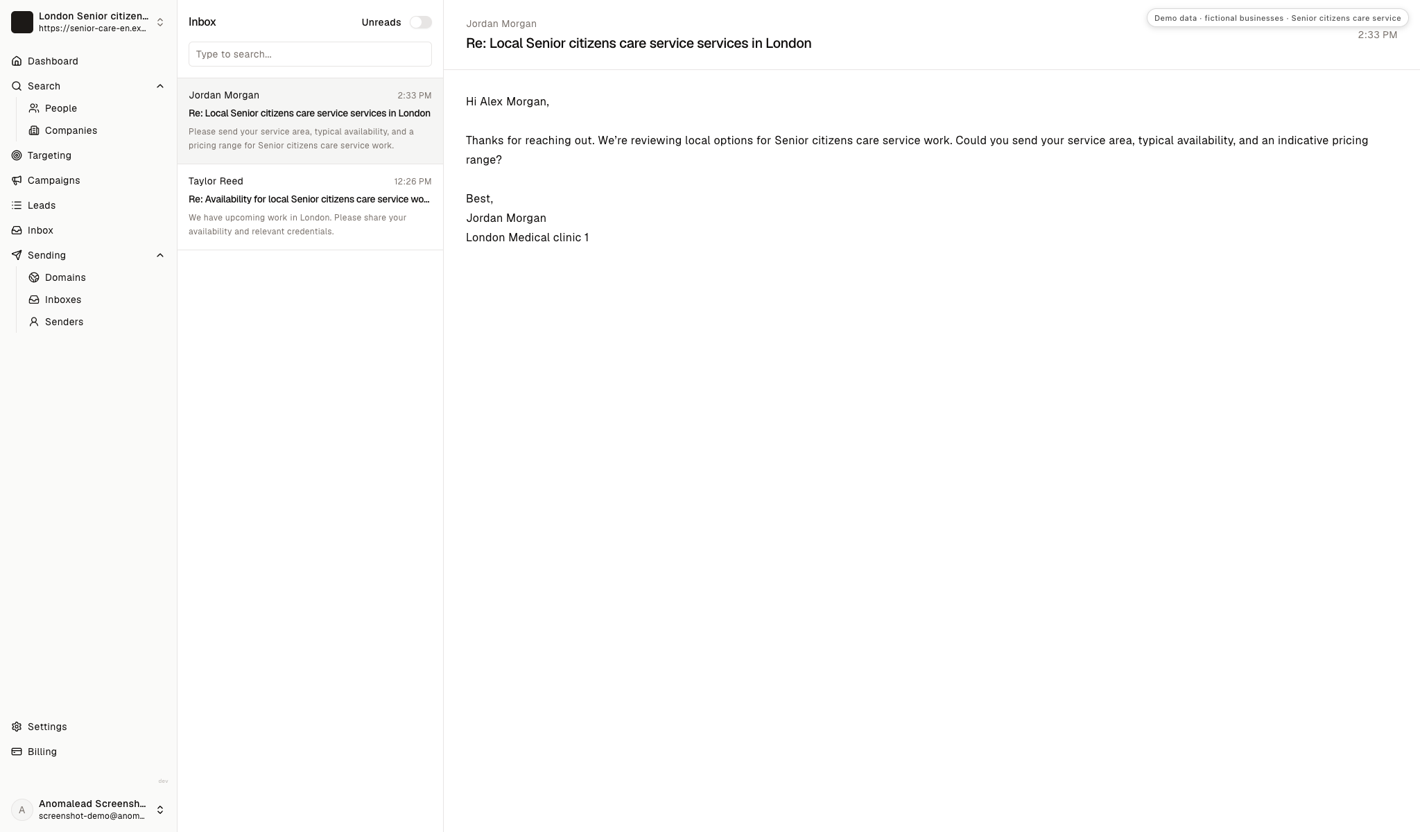 Inbox with two fictional replies, an unread message from Jordan Morgan and a read message from Taylor Reed, both from London Medical clinic contacts.