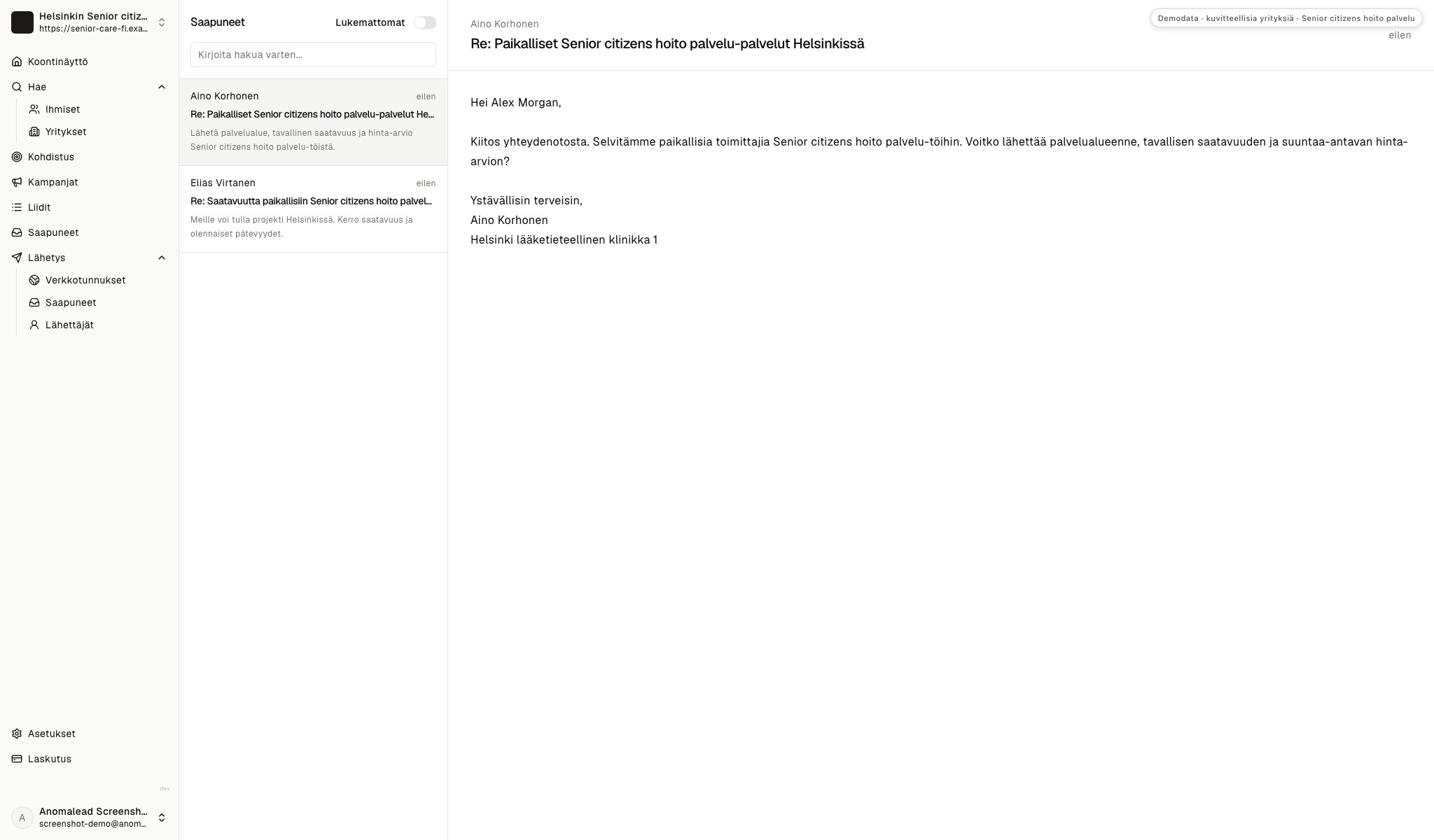 Saapuneet-kansiossa on Ainon lukematon ja Eliaksen luettu viesti, molemmat Helsinki lääketieteellinen klinikka -kontakteilta.