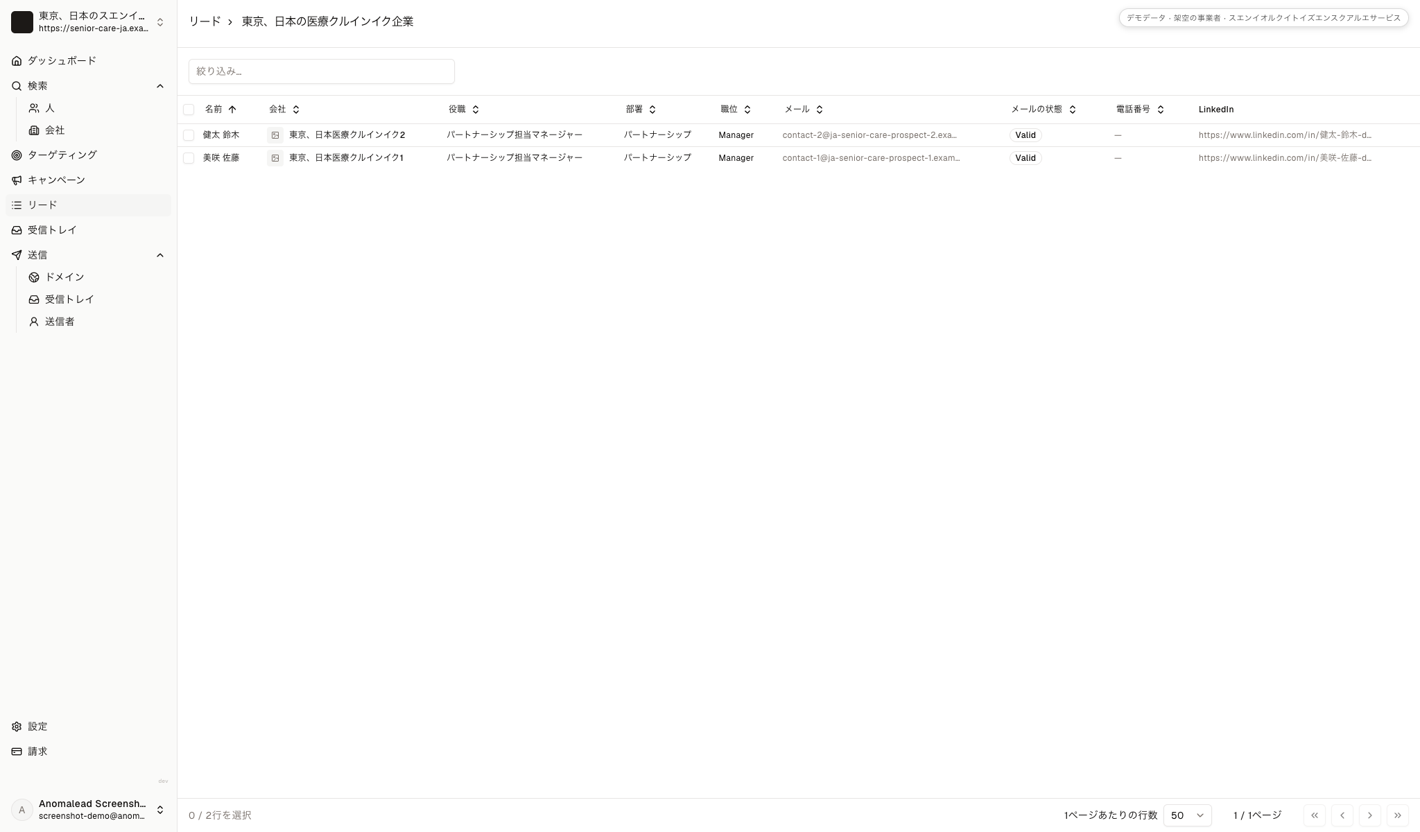 リードリスト「東京、日本の医療クルインイク企業」に選択した二名の医療機関担当者が保存されている。