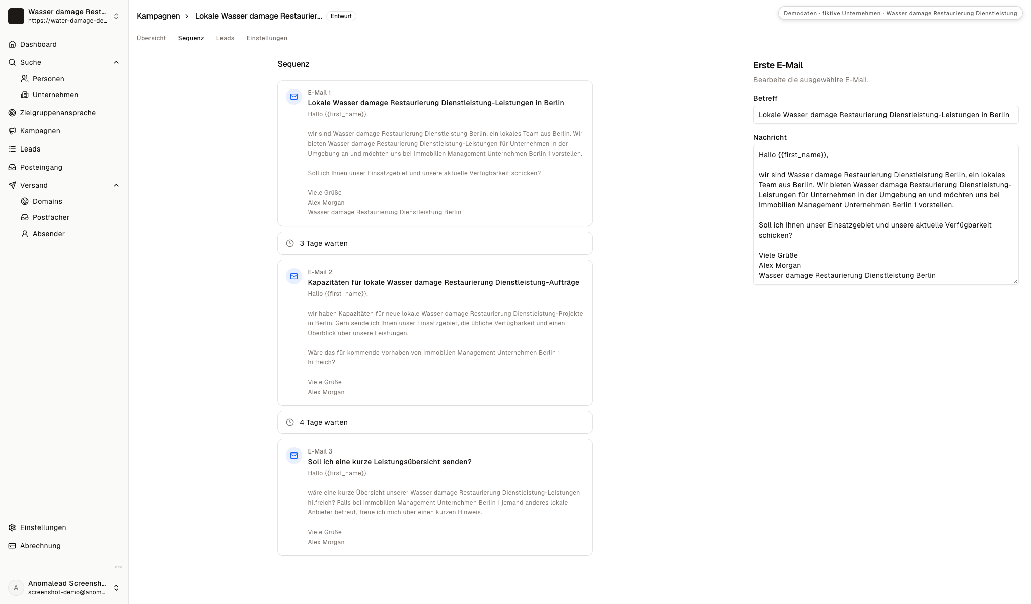 Editor einer dreiteiligen E-Mail-Sequenz mit zwei Wartephasen und der geöffneten ersten Nachricht.