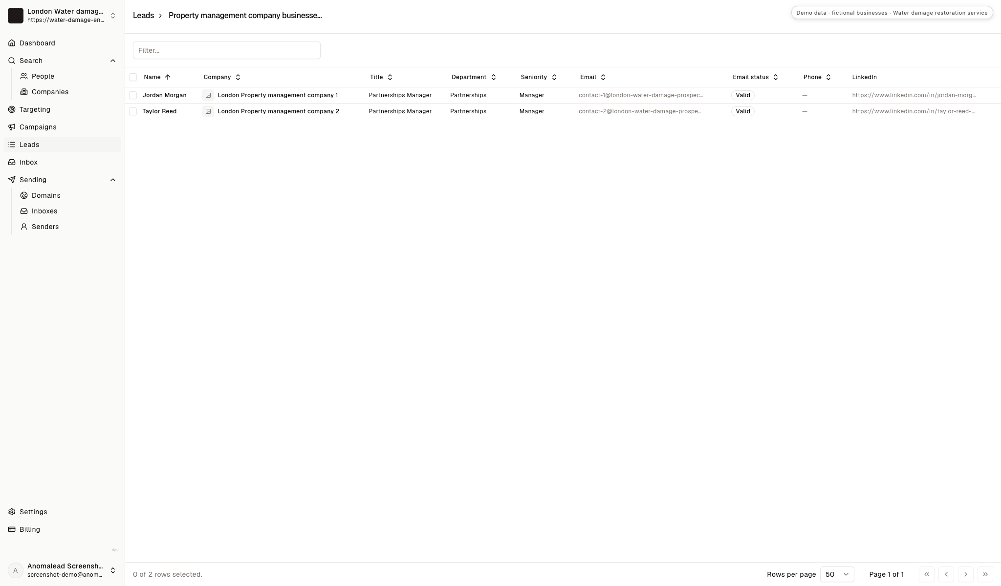 A curated lead list displays two selected contacts for the water-damage prospecting workflow.