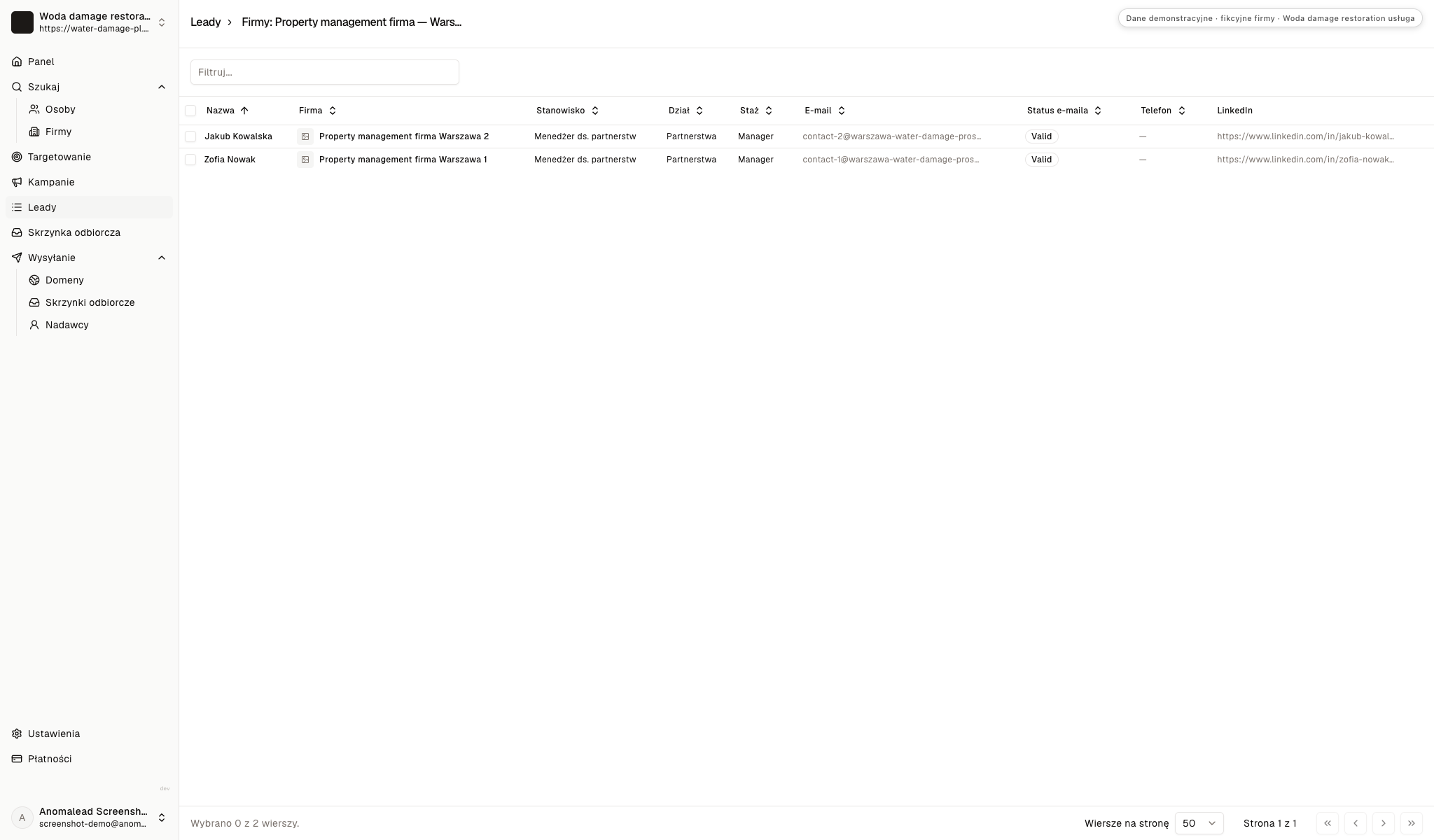 Lista potencjalnych klientów z dwoma fikcyjnymi kontaktami i stanem adresu e-mail.