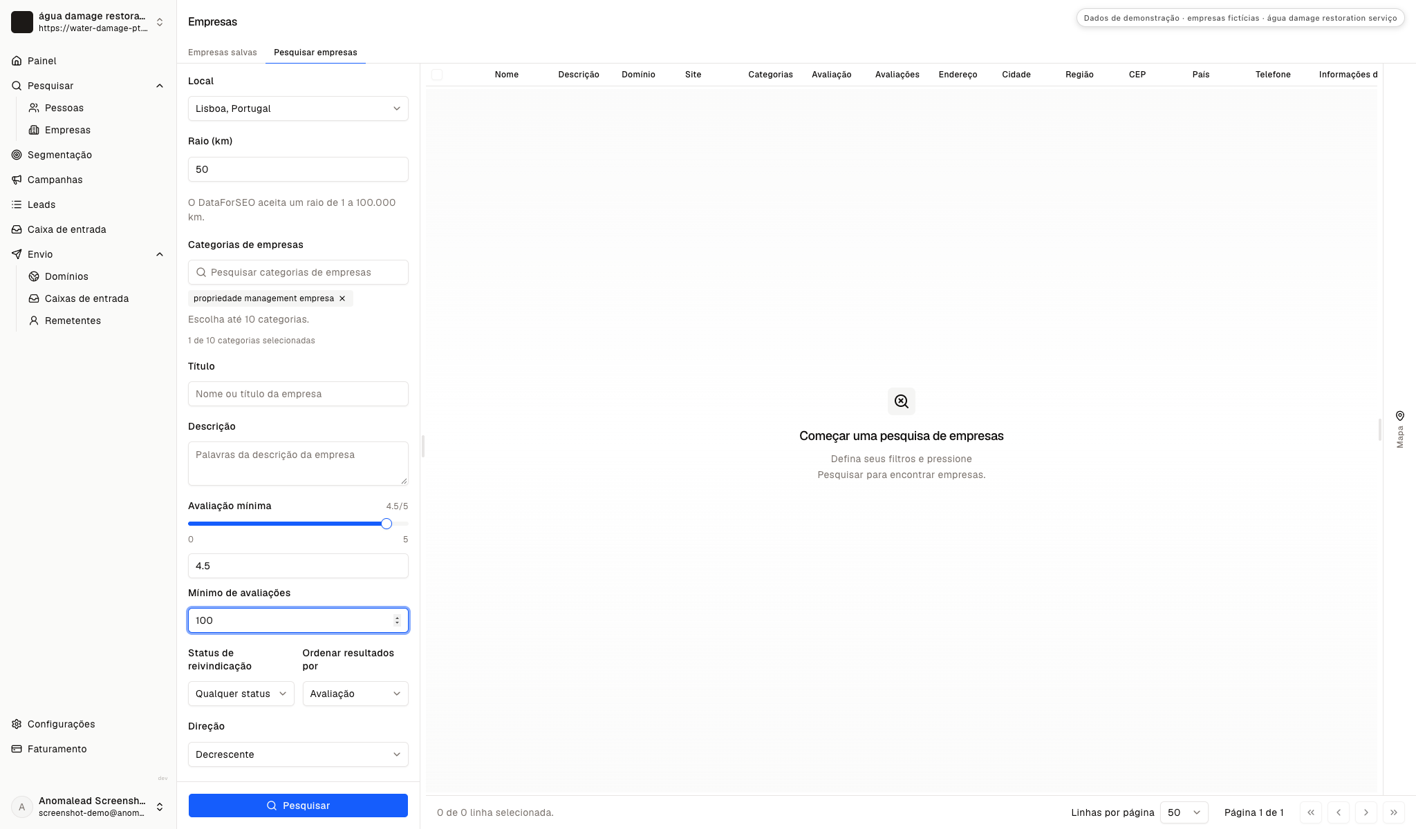 Formulário de pesquisa do Anomalead com categoria de gestão imobiliária, localização, distância e filtros de avaliações visíveis.