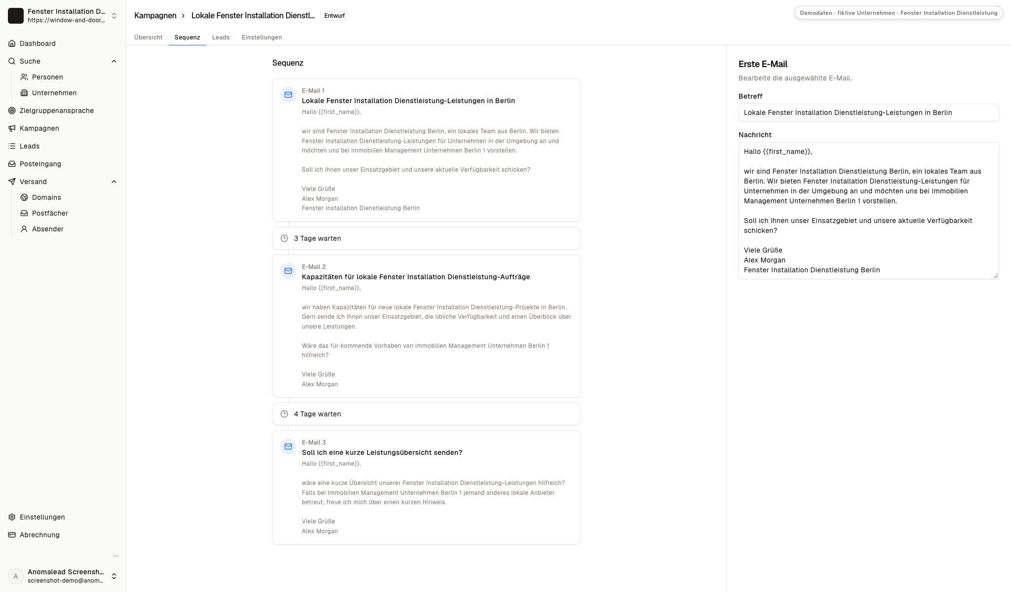 Dreiteilige E-Mail-Sequenz für Fenster- und Türarbeiten mit zwei Wartezeiten und geöffnetem Nachrichtentext.