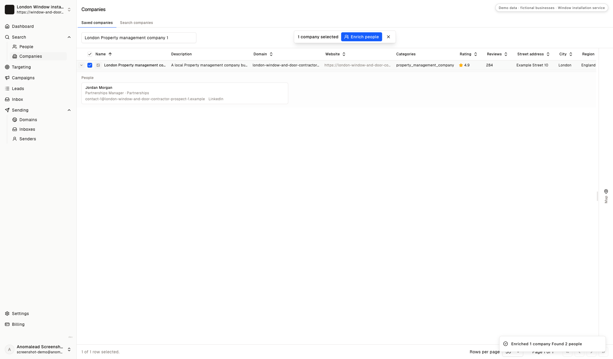 Two fictional contacts appear for the selected property-management company, with names and partnership roles in the contact table.