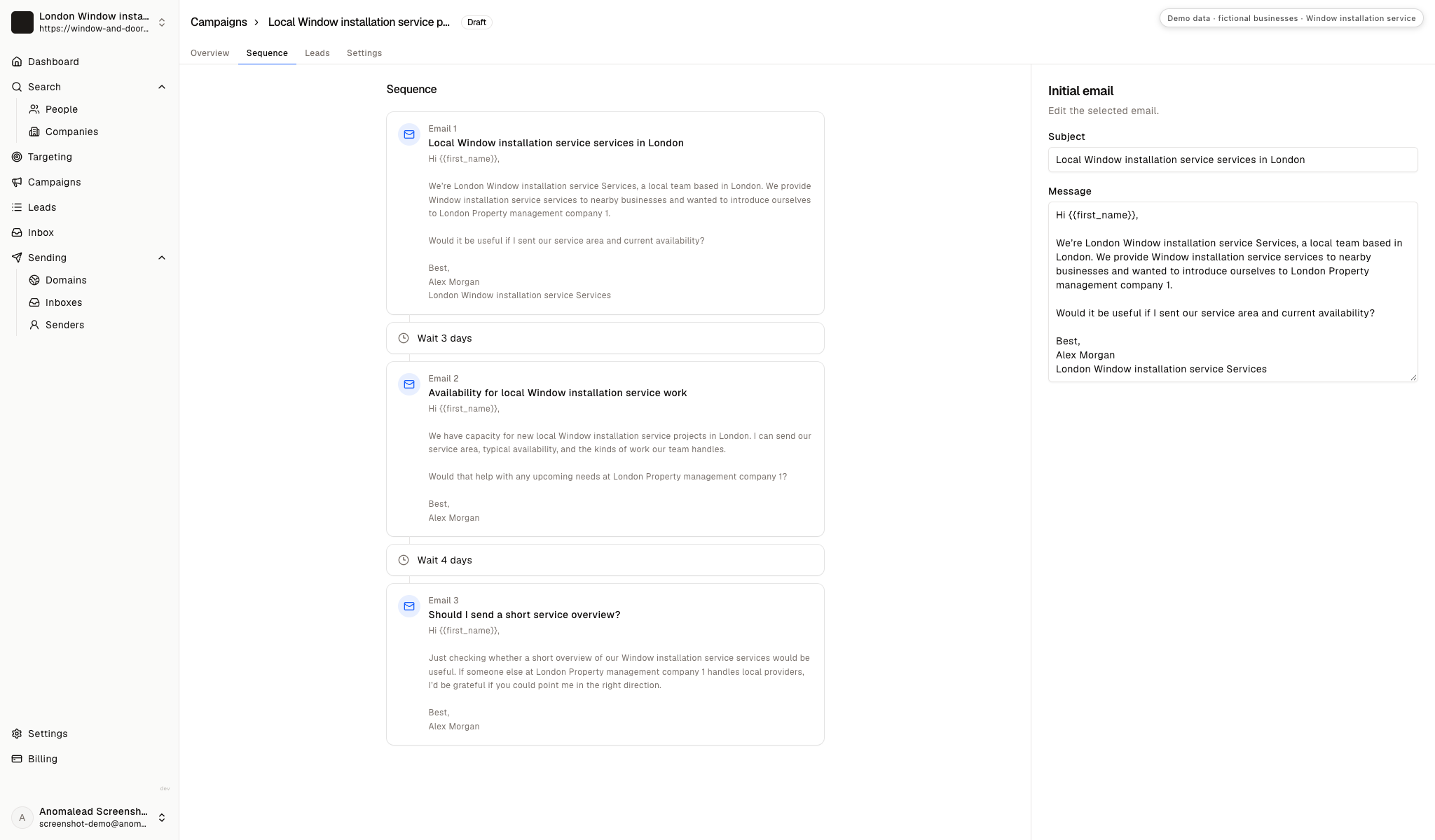 The campaign editor displays a three-email sequence with a three-day wait and a four-day wait between follow-ups.