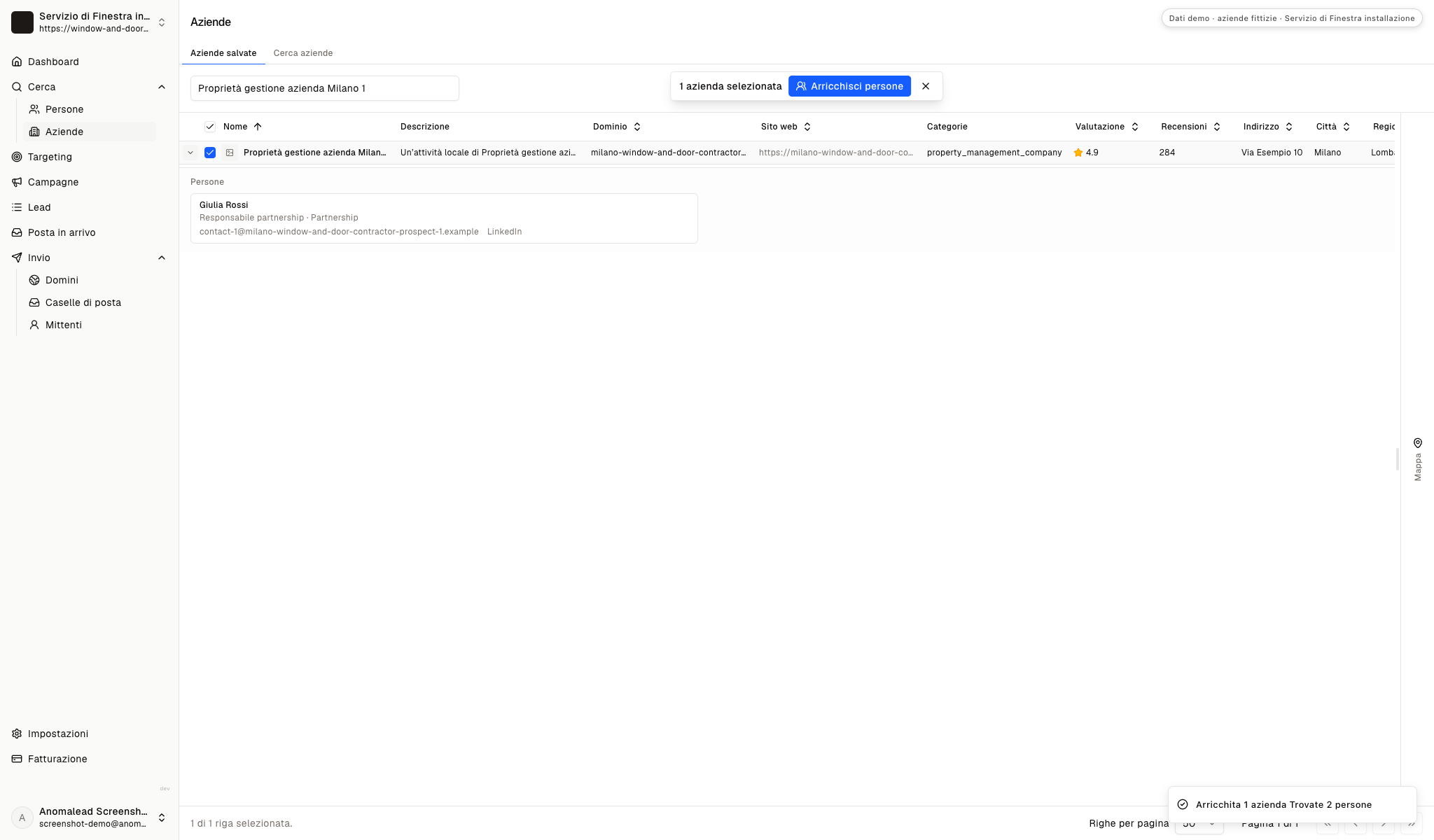 Due responsabili partnership fittizi di Proprietà gestione azienda Milano 1 appaiono con e-mail di lavoro e profili.